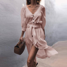 Load image into Gallery viewer, Solid Color V Neck Half Sleeve Belted Dress