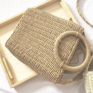 Vintage Ring Paper Rope Handbag Square Straw Bag Beach Bag