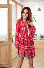 Load image into Gallery viewer, Bohemia Long Sleeve V-neck Floral Tassel Mini Dress