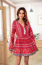 Load image into Gallery viewer, Bohemia Long Sleeve V-neck Floral Tassel Mini Dress