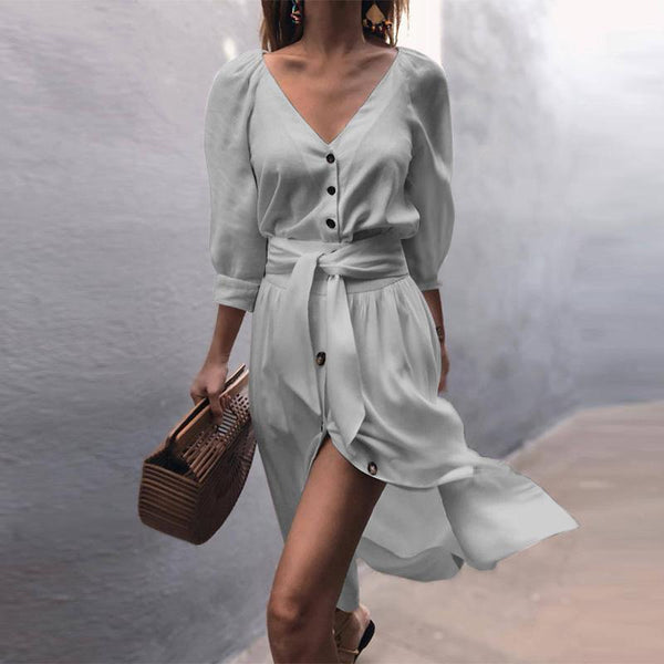 Solid Color V Neck Half Sleeve Belted Dress