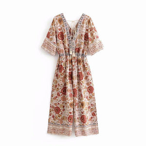 Bohemian V-Neck Retro Floral Wide Leg Jumpsuit