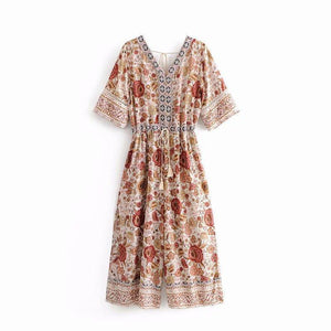 Bohemian V-Neck Retro Floral Wide Leg Jumpsuit