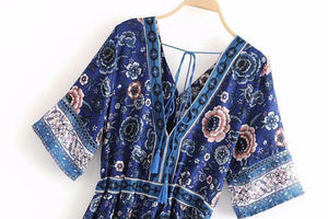 Bohemian V-Neck Retro Floral Wide Leg Jumpsuit