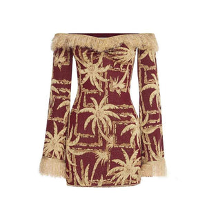 Autumn And Winter New One-Shoulder Metal Intarsia Tassel High Waist Split Knit Dress