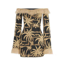 Load image into Gallery viewer, Autumn And Winter New One-Shoulder Metal Intarsia Tassel High Waist Split Knit Dress