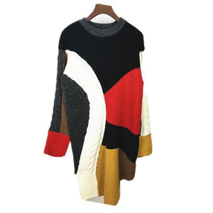 Autumn And Winter Irregular Color Matching Pullover Retro Knit Dress
