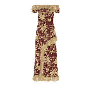 Autumn And Winter New One-Shoulder Metal Intarsia Tassel High Waist Split Knit Dress