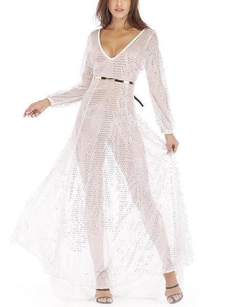 Sequin V Neck Long Sleeve Evening Maxi Dress