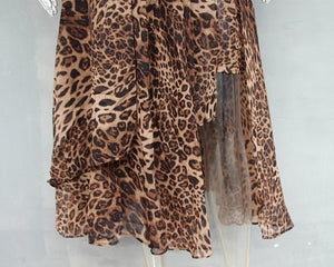 Irregular Leopard-Print Chiffon V-Neck Lace-Up Dress