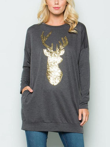 Christmas Sequins Elk Long Sleeves Tops Sweaters