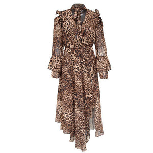 Irregular Leopard-Print Chiffon V-Neck Lace-Up Dress