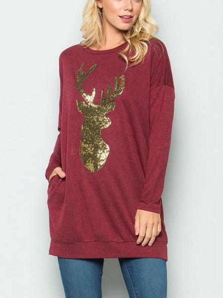 Christmas Sequins Elk Long Sleeves Tops Sweaters