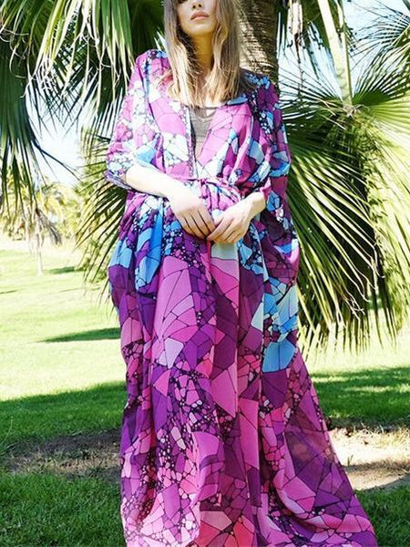 Floral Purple Chiffon Batwing Sleeve Beach Kimono With Belt Dress Cover-up