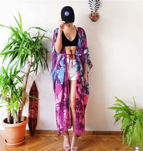 Load image into Gallery viewer, Floral Purple Chiffon Batwing Sleeve Beach Kimono With Belt Dress Cover-up