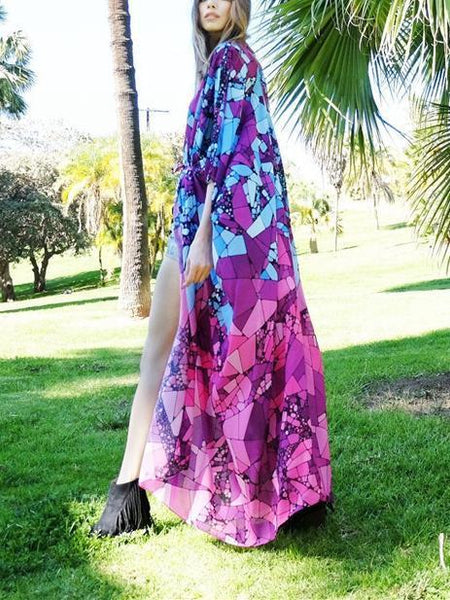 Floral Purple Chiffon Batwing Sleeve Beach Kimono With Belt Dress Cover-up