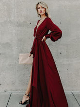 Load image into Gallery viewer, Lace V-Neck Split Long-Sleeved Ruffled Maxi Dress