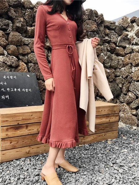Autumn And Winter V-Neck Retro Fashion Bottoming Long-Sleeved Knit Mid-Length Dress