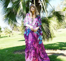 Load image into Gallery viewer, Floral Purple Chiffon Batwing Sleeve Beach Kimono With Belt Dress Cover-up