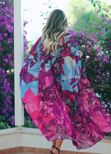 Load image into Gallery viewer, Floral Purple Chiffon Batwing Sleeve Beach Kimono With Belt Dress Cover-up
