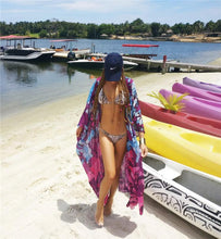 Load image into Gallery viewer, Floral Purple Chiffon Batwing Sleeve Beach Kimono With Belt Dress Cover-up
