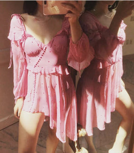 Retro Bohemian Wave Point Bare Shoulder Irregular Dress