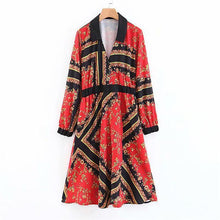 Load image into Gallery viewer, Autumn Long Sleeve Print V-Neck Elastic Waist Split Dress