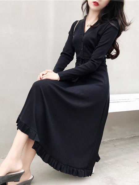 Autumn And Winter V-Neck Retro Fashion Bottoming Long-Sleeved Knit Mid-Length Dress
