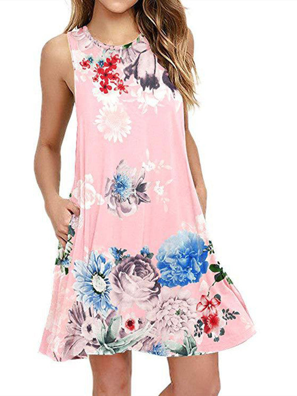 Spring / Summer Sleeveless Pullover Element Printed Pocket Swing Vest Dress-2