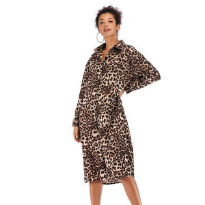 Lapel Buckle Sexy Leopard Mid-Length Slim Dress
