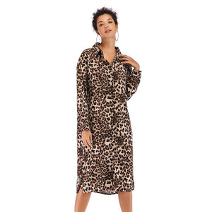 Lapel Buckle Sexy Leopard Mid-Length Slim Dress