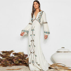 Boho Dress Floral Embroidery White V-Neck Lantern Sleeve Maxi Dress