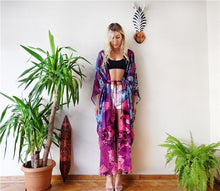 Load image into Gallery viewer, Floral Purple Chiffon Batwing Sleeve Beach Kimono With Belt Dress Cover-up
