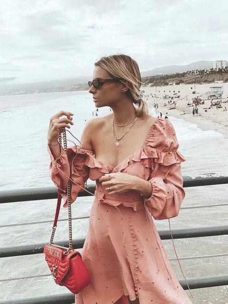 Retro Bohemian Wave Point Bare Shoulder Irregular Dress