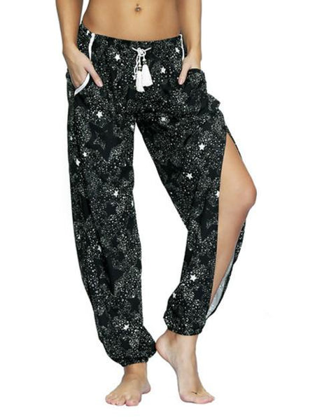 Star Digital Printing Women's Drawstring Side Fork Casual Trousers Loose Waist Foot Light Cage Pants 14