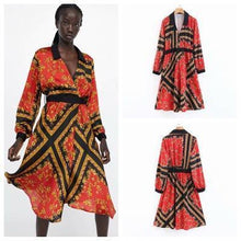 Load image into Gallery viewer, Autumn Long Sleeve Print V-Neck Elastic Waist Split Dress