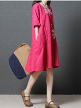 Load image into Gallery viewer, Linen Cotton Short Sleeve Loose Pockets Dress