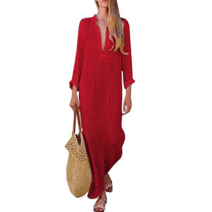 Solid Color V Neck Long Sleeve Casual Maxi Dress