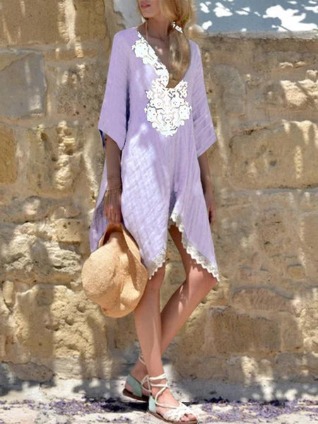 V Neck Short Sleeve Lace Splice Mini Dress