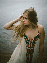 Load image into Gallery viewer, Bohemia Flower Inwrought Stripes V Neck Lace-Up Beach Long Dress