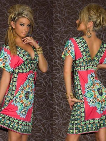 Retro Paisley Print V Neck Hippie Boho Women Beach Dress