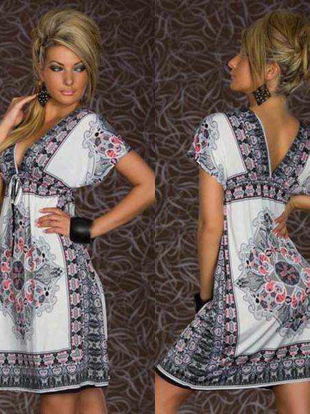 Retro Paisley Print V Neck Hippie Boho Women Beach Dress