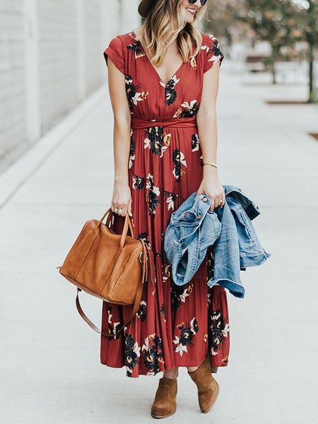 Floral Print V Neck Short Sleeve Belted Maxi Dress