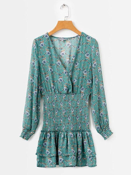 Floral Deep V-neck Mini Dress
