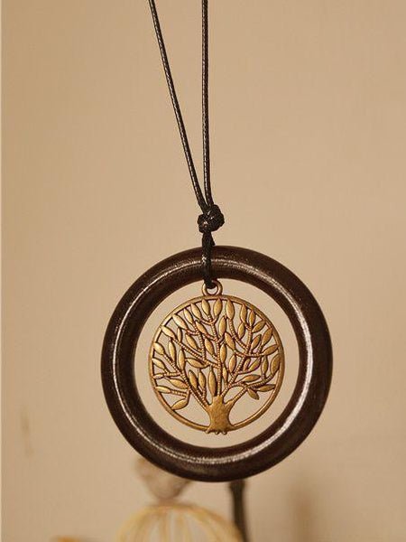 Retro National Style Simple Wooden Ring Tree Long Necklace Sweater Chain