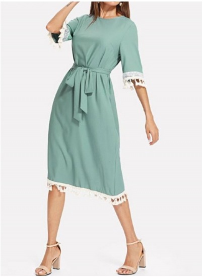 Solid Color Short Sleeve Lace Splice Midi Dress