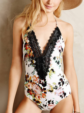 Load image into Gallery viewer, Deep V-Neck Decorative Lace Patchwork Abstract Print Jumpsuits