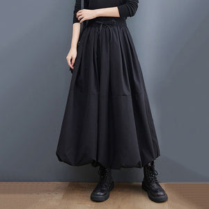Black Vintage High Waist Pleated Skirt Women Plus Size Fashion Drawstring Loose Casual Midi Skirts Clothes Autumn Winter