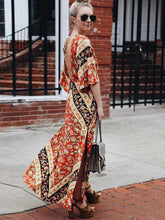Load image into Gallery viewer, Babushka Printed Kimono Style Sleeves Plunging V-neck Backless Maxi Dress