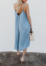 Load image into Gallery viewer, Casual Pockets Spaghetti Strap Backless V-neck Plus Size Blue Wide Leg Jumpsuit